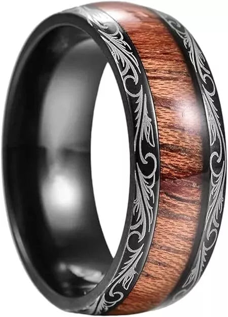 Men's 8mm Tungsten Ring Koa Wood Inlay With Laser Pattern Dome Wedding Band